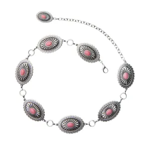 Ariat Women's Etched Silver Oval Rosy Pink Stone Centered Concho Link Chain Belt