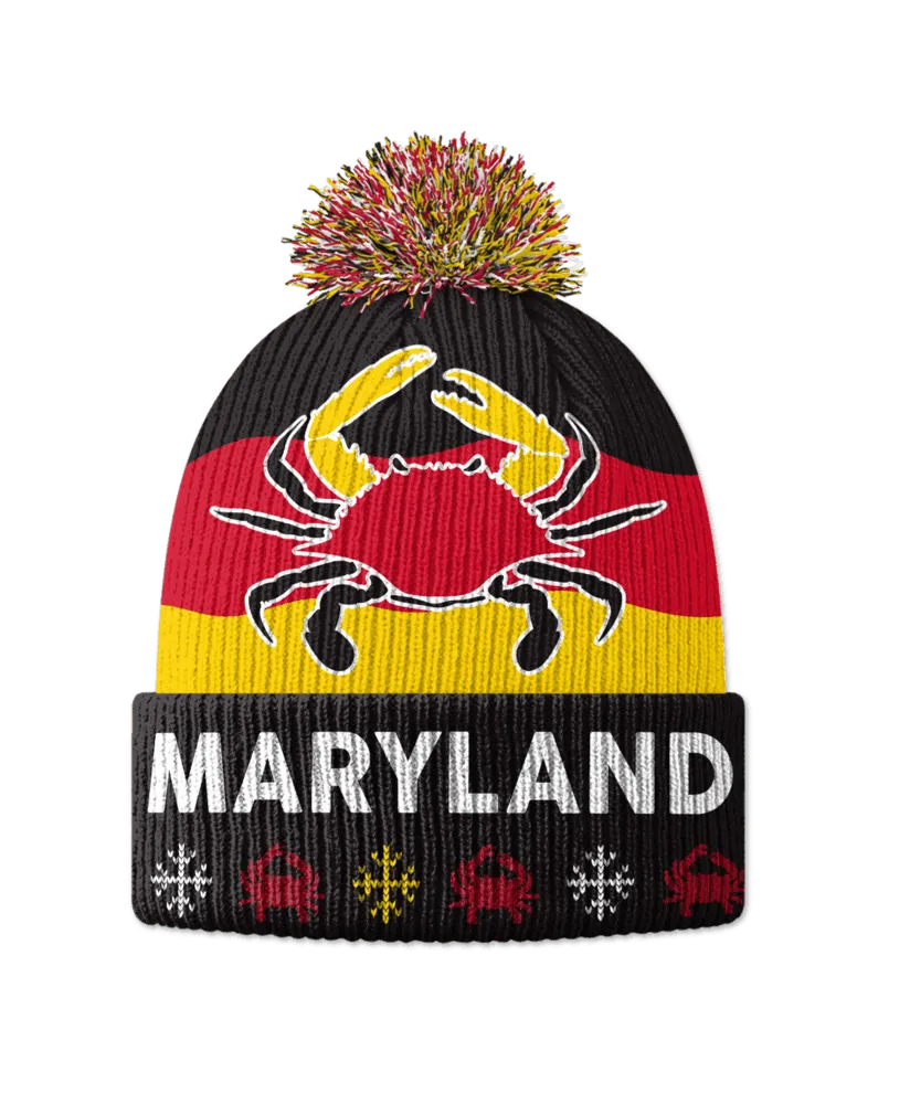 Color Block Crab with Snowflakes / Knit Beanie Cap w/ Pom-Pom