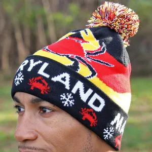 Color Block Crab with Snowflakes / Knit Beanie Cap w/ Pom-Pom