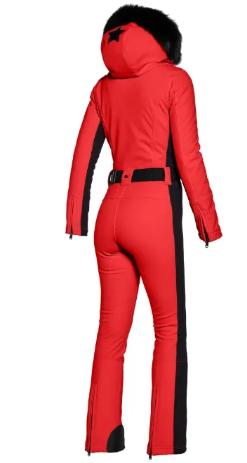 Goldbergh Parry One Piece Ski Suit in Flame Red with Faux Fur Hood