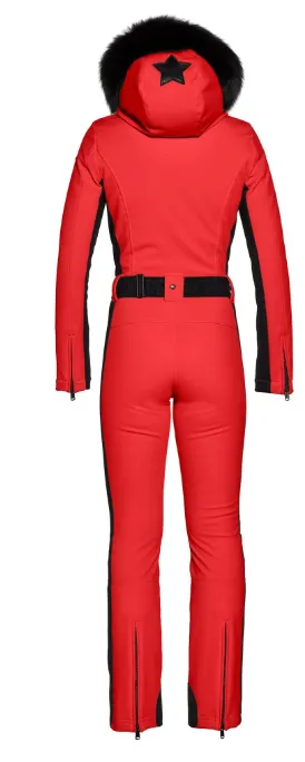 Goldbergh Parry One Piece Ski Suit in Flame Red with Faux Fur Hood