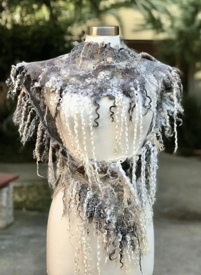 Long Pointed Oval Felted Scarf with Sheep Curls for Women, Merino Wool Stove, Felted Neck Warmer, Bohemian Scarf, Chic Scarf for Wedding