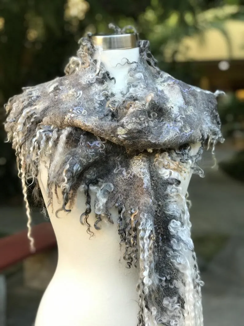 Long Pointed Oval Felted Scarf with Sheep Curls for Women, Merino Wool Stove, Felted Neck Warmer, Bohemian Scarf, Chic Scarf for Wedding