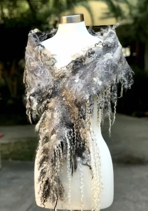 Long Pointed Oval Felted Scarf with Sheep Curls for Women, Merino Wool Stove, Felted Neck Warmer, Bohemian Scarf, Chic Scarf for Wedding