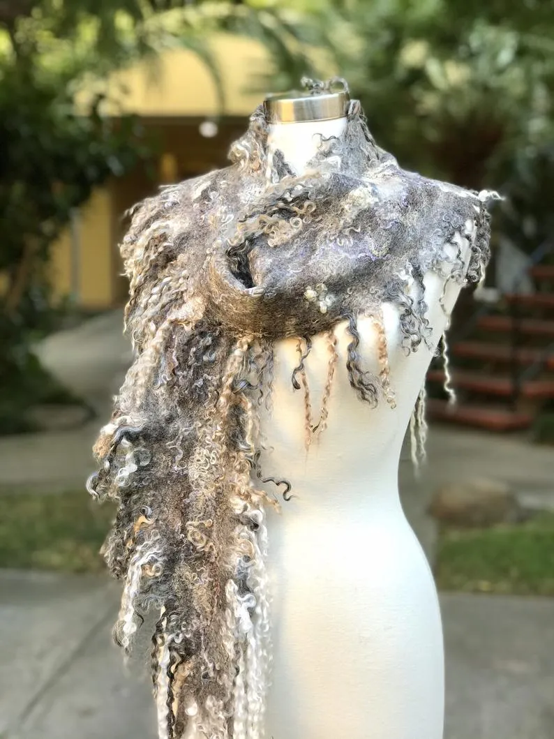 Long Pointed Oval Felted Scarf with Sheep Curls for Women, Merino Wool Stove, Felted Neck Warmer, Bohemian Scarf, Chic Scarf for Wedding