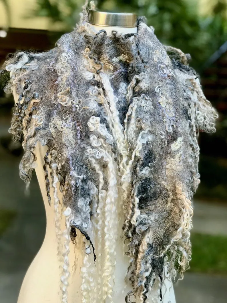 Long Pointed Oval Felted Scarf with Sheep Curls for Women, Merino Wool Stove, Felted Neck Warmer, Bohemian Scarf, Chic Scarf for Wedding