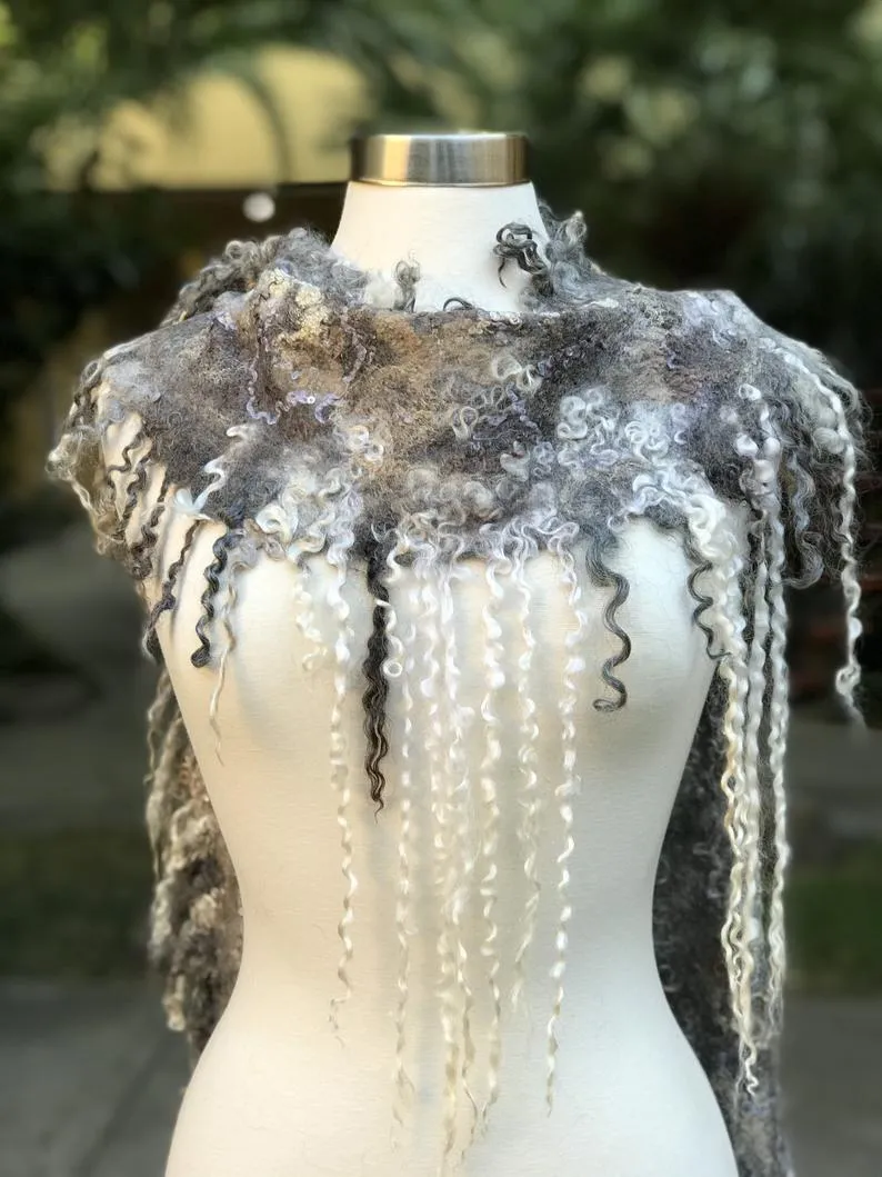 Long Pointed Oval Felted Scarf with Sheep Curls for Women, Merino Wool Stove, Felted Neck Warmer, Bohemian Scarf, Chic Scarf for Wedding