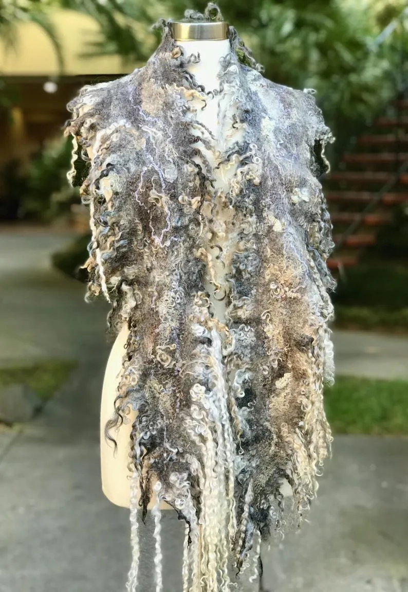 Long Pointed Oval Felted Scarf with Sheep Curls for Women, Merino Wool Stove, Felted Neck Warmer, Bohemian Scarf, Chic Scarf for Wedding