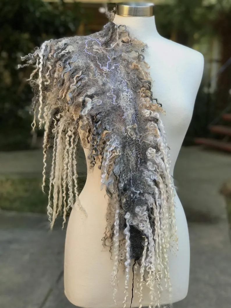 Long Pointed Oval Felted Scarf with Sheep Curls for Women, Merino Wool Stove, Felted Neck Warmer, Bohemian Scarf, Chic Scarf for Wedding