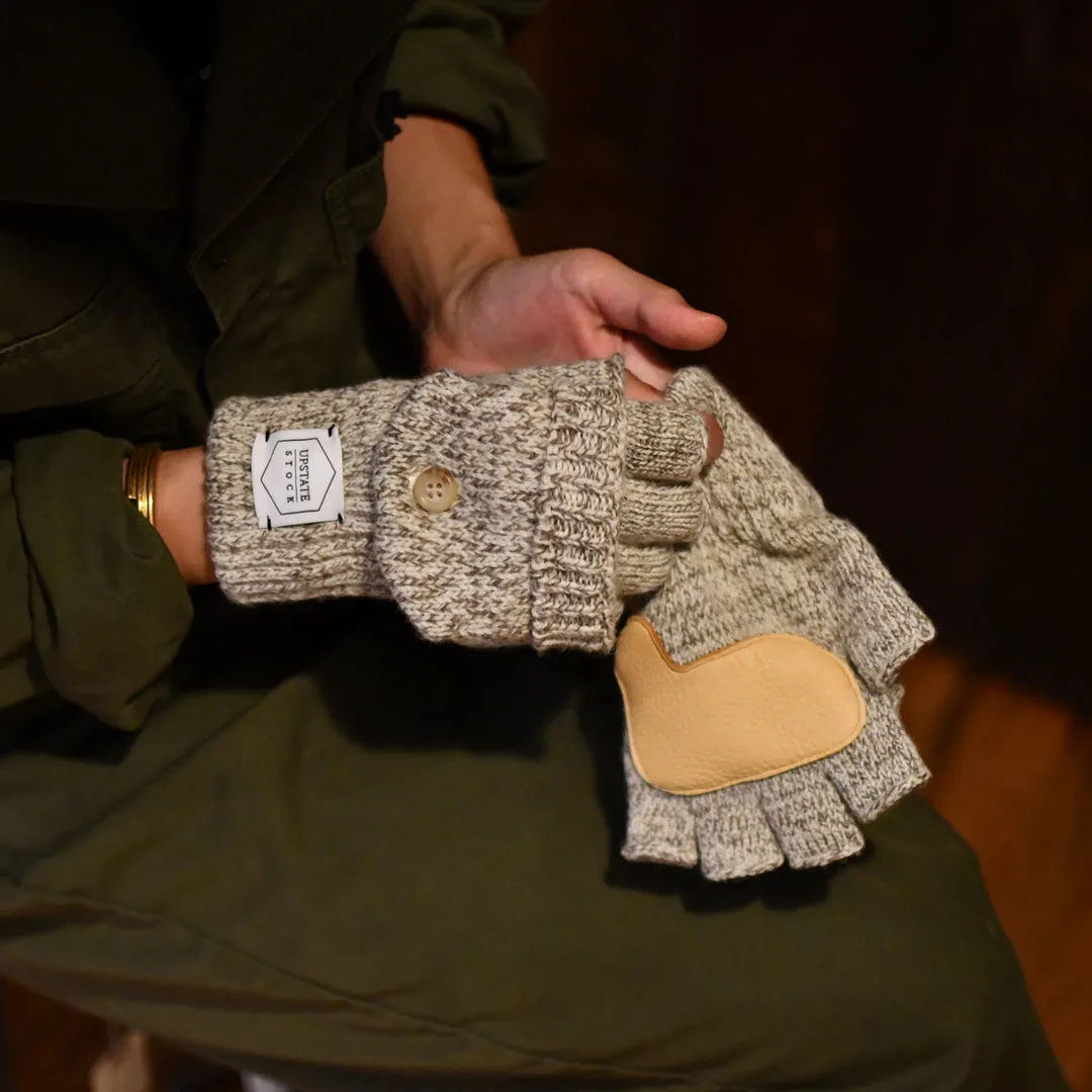 Oatmeal Melange Convertible Fingerless 'Glomitt' with Natural Deerskin
