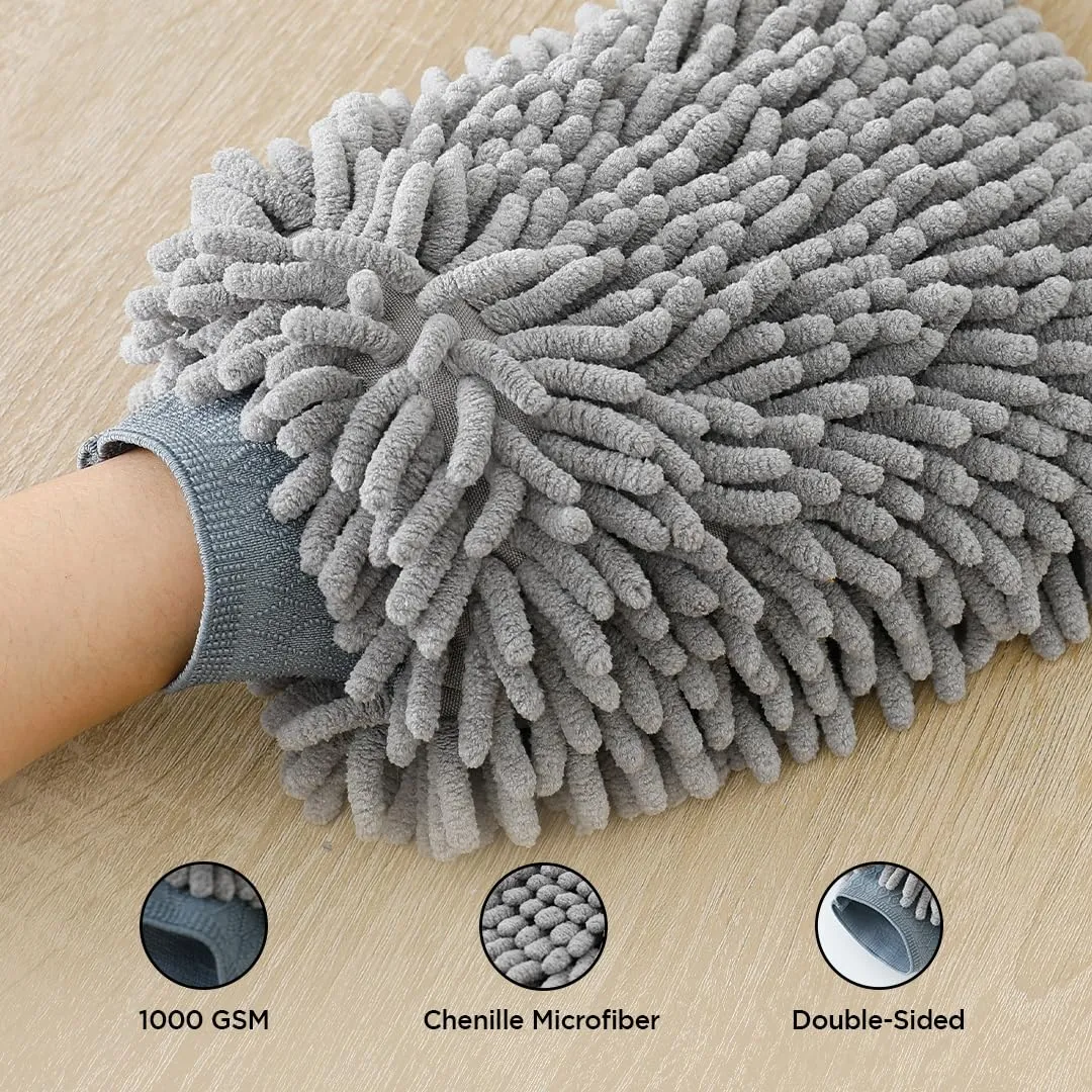 UMAI Microfiber Double-Sided Chenille Wash Mitt 1000 GSM - Super Soft, Ultra-Absorbent, Multipurpose and Double Sided Dusting Gloves for Home Cleaning | Car Cleaning, Windows and Kitchen (Grey)