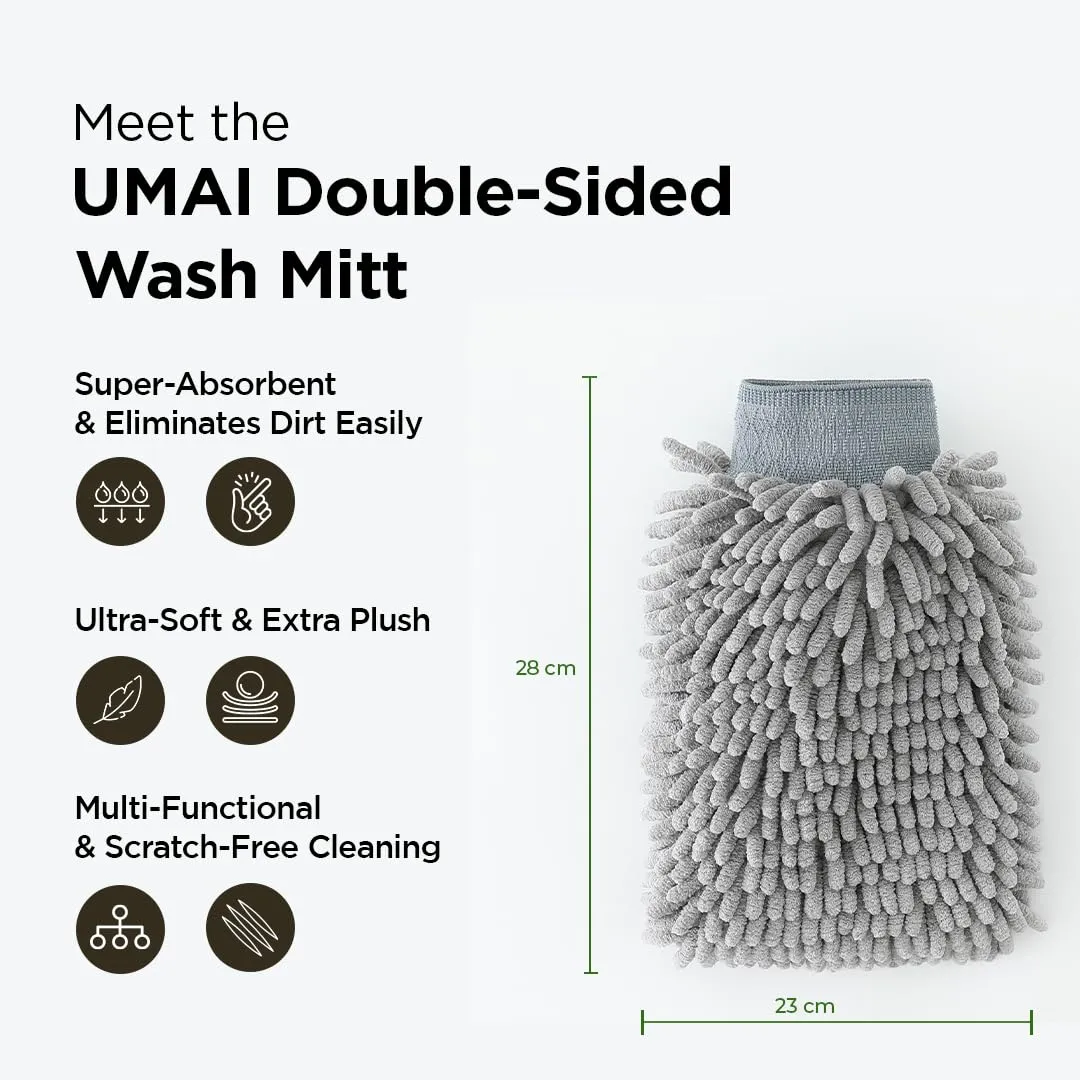 UMAI Microfiber Double-Sided Chenille Wash Mitt 1000 GSM - Super Soft, Ultra-Absorbent, Multipurpose and Double Sided Dusting Gloves for Home Cleaning | Car Cleaning, Windows and Kitchen (Grey)