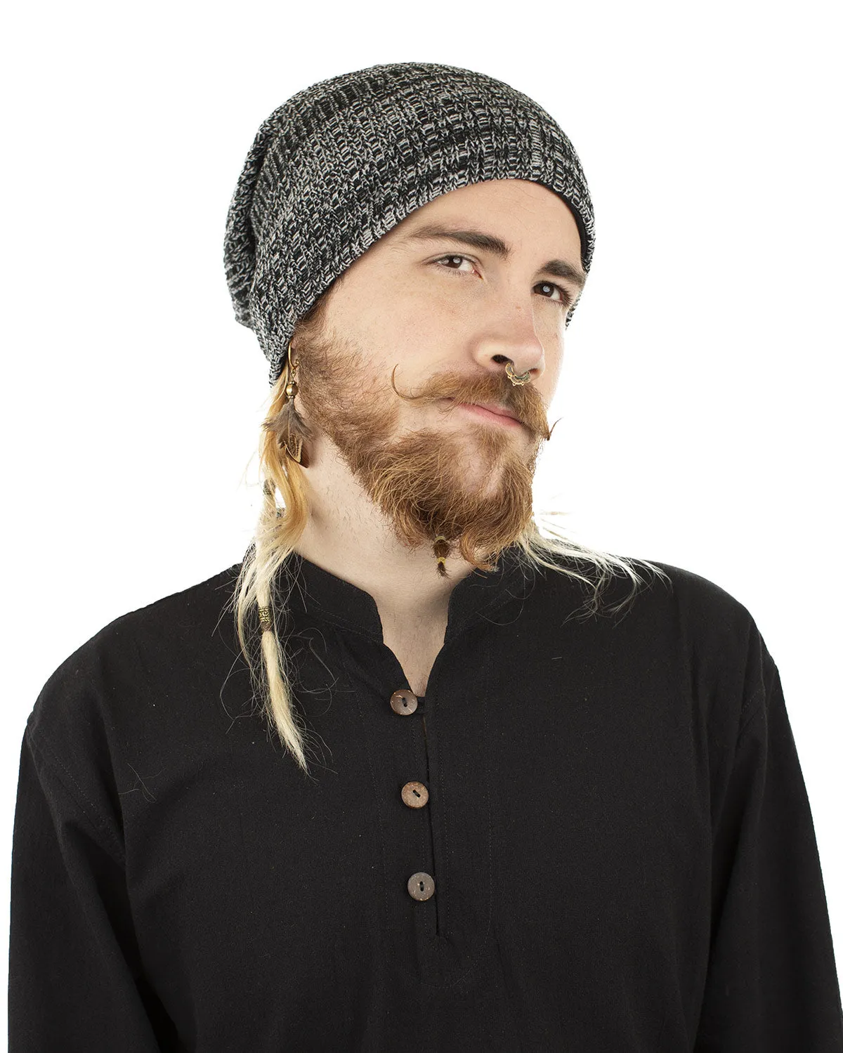 Woven Cotton Slouch Beanie Hat Grey
